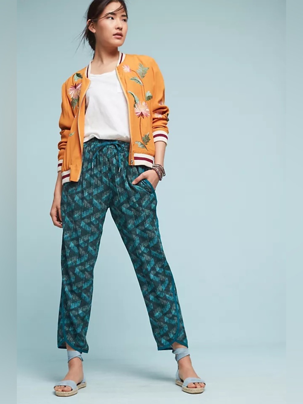 Hei Hei Anthropologie Teal Geometric Ikat Jogger Pants Drawstring Size S